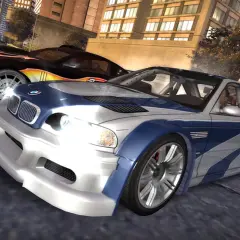 BMW M3 i Mustang z płomieniami, gotowe do wyścigu w NFS Most Wanted Redux.
