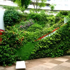 Una rigogliosa parete verde ricca di piante e fiori, con una scala rossa che attraversa la vegetazione.