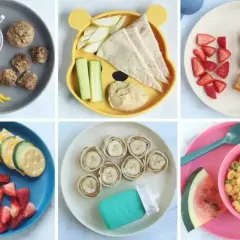 Sześć talerzy z propozycjami na szybki obiad dla dzieci: muffinki, kanapki, owoce, warzywa i makaron.