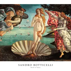 El nacimiento de Venus, obra maestra de Botticelli. Venus emerge de una concha, flanqueada por Céfiro y una ninfa, mientras las flores caen del cielo.