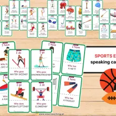Karty do nauki nazwy sportów po angielsku: sailing, skateboarding, swimming, volleyball, boxing, gymnastics, karate, weightlifting, climbing, snowboarding, water skiing, cycling, diving, skiing, ski jumping, kayaking, handball, tennis, table tennis, go...