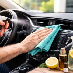 Nettoyer l'intérieur d'un camping-car avec un spray et une microfibre. Citron et huiles essentielles pour un nettoyage naturel.