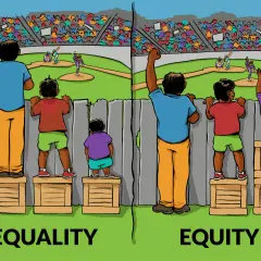 The image illustrates why equity is important in the workplace: "Equality" shows everyone getting the same box, but only some can see. "Equity" gives boxes based on need, allowing everyone to watch the game.