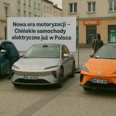 Trzy nowoczesne chińskie samochody elektryczne prezentowane na placu. Mężczyzna fotografuje pomarańczowy model.