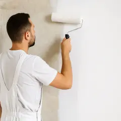Mann trägt mit einer Rolle Rollputz auf eine Wand auf. Die Wand wird von rauem Beton zu glattem Weiß verändert.
