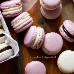 Deliziosi macarons viola e bianchi, perfetti per chi cerca una ricetta facile.