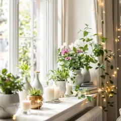 Inspiracja, jak ozdobić parapet w salonie: zielone rośliny, białe świece i delikatne lampki tworzą przytulną atmosferę.
