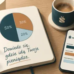 Notatnik z wykresem kołowym i tekstem "Dowiedz się, gdzie idą Twoje pieniądze". Obok telefon z aplikacją Sakva, pokazującą podział wydatków. To idealne narzędzie do planowania zakupów.