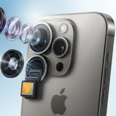 Rozłożony aparat iPhone'a z soczewkami i sensorem. Odkryj możliwości manualne ustawienia aparatu iPhone.