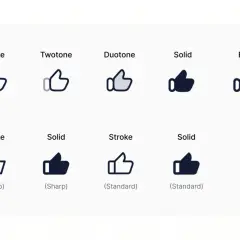 A collection of thumbs-up icons showcasing various icon styles: stroke, twotone, duotone, solid, and bulk.