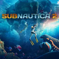 Plongez dans l'univers de Subnautica 2. Deux explorateurs sous-marins nagent près d'un récif coloré, tandis qu'un prédateur géant surgit. La config du jeu promet des aventures aquatiques.
