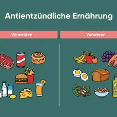 Gegenüberstellung von zu vermeidenden Lebensmitteln (Fleisch, Limonade, Süßes, Fast Food) und entzündungshemmenden Lebensmitteln (Obst, Eier, Vollkornbrot, Nüsse, Fisch, Olivenöl).