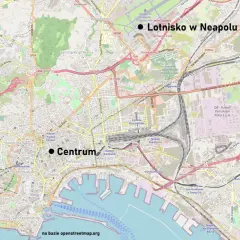 Mapa pokazuje **dojazd z lotniska w Neapolu** do centrum miasta. Widać lotnisko, autostrady i główne ulice.