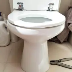 Préparation pour changer l'abattant WC : produits de nettoyage, serviette et pince à portée de main.