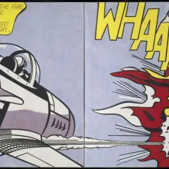 Roy Lichtenstein's "Whaam!" depicts a fighter jet firing rockets, with a dramatic explosion and the word "WHAAM!" in bold yellow letters.