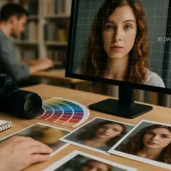 Na biurku fotografa leży aparat, paleta barw i wydruki. Na monitorze widać portret kobiety z siatką i oznaczeniem 300 dpi.