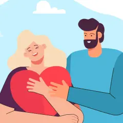 Coppia felice che si abbraccia con un grande cuore rosso. Lei sorride, lui la stringe. Ho bisogno di amore, e questo è un abbraccio pieno di esso.