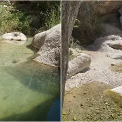Un sereno **río aguas** cristalinas fluye entre rocas erosionadas y vegetación exuberante, creando un oasis natural.