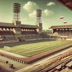 Stary stadion, gdzie rodziły się najstarsze kluby piłkarskie w Polsce. Widać trybuny, boisko i maszty oświetleniowe.