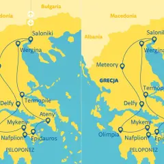 Mapa Grecji z zaznaczoną trasą wycieczki objazdowej Grecja 10 dni: Saloniki, Meteory, Delfy, Ateny, Peloponez.