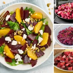 Ensalada de remolacha vibrante con naranja, queso feta y semillas. Otras preparaciones de remolacha en el collage.