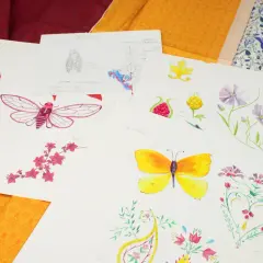 Croquis de motifs provençaux : coquelicots, cigale, papillon, grenade, fleurs et feuilles.
