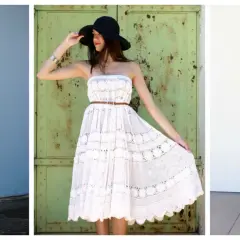 Three women showcase stylish DIY summer dresses: a striped midi, a white lace strapless, and a lemon-print A-line.