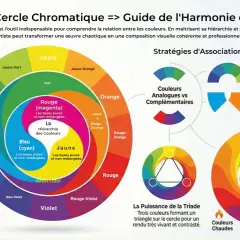 Guide de l'harmonie des couleurs : le cercle chromatique explique la **gamme chromatique**, la création des couleurs secondaires et tertiaires, et les stratégies d'association.