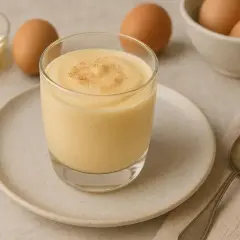 Pyszny kogel mogel przepis w szklance, obok jajka i masło. Idealny na szybki deser.