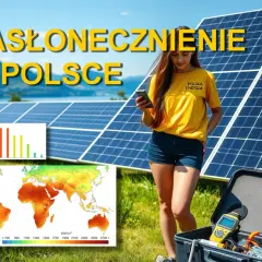 Kobieta w żółtej koszulce z napisem "Polska Energia" stoi obok paneli słonecznych. Na ekranie telefonu widnieje napis "Nasłonecznienie w Polsce". Obok mapy świata pokazującej nasłonecznienie.