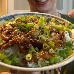 Leckeres Hähnchen Teriyaki Rezept: saftiges Hähnchen in Teriyaki-Sauce auf Reis, garniert mit Frühlingszwiebeln und Sesam.