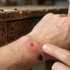Un uomo osserva un morso di tarli del legno pericolosi sul suo braccio, mentre altri insetti si muovono su un mobile danneggiato.