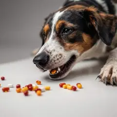 Un chien curieux s'approche de pilules colorées, certaines ressemblant à de l'ibuprofène pour chien. Attention, ce n'est pas un jouet !