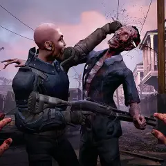 Intensywna walka w grach o zombie. Gracz walczy z potworem, trzymając strzelbę. W tle widać inne zombie i zniszczone domy.