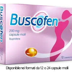Confezione di Buscofen 200 mg, 12 capsule molli. Sollievo rapido dal dolore, non importa quante scariche.