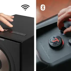 Ręka dotyka głośnika, próbując rozwiązać problem z połączeniem MusicCast. Obok regulacja basu i głośności w innym urządzeniu.