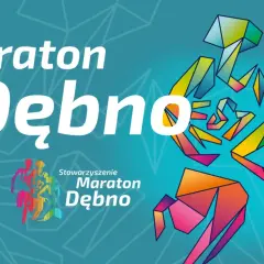 Maraton Dębno: biegacze w geometrycznych kształtach, symbolizujący energię i dynamikę.