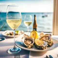 Ein Glas Weißwein, Austern und Zitrone am Meer. Perfekte trinktemperatur für einen leichten Wein, nicht für Primitivo.