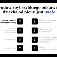 Powody szybkiego odstawienia dziecka od piersi: niedobór pokarmu, problemy z przystawianiem, brak wsparcia, powrót do pracy, wątpliwości, pytania, choroba mamy, problem z dostępem do specjalisty.