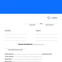 Szablon faktury proforma z polami do wypełnienia danych sprzedawcy, nabywcy, daty, sposobu i terminu płatności.