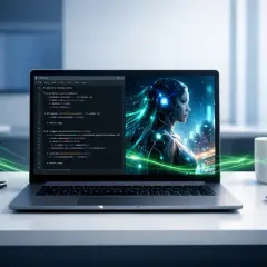 Laptop z kodem i portretem kobiety, symbolizującym halucynacje AI. Zielone linie energii oplatają ekran.