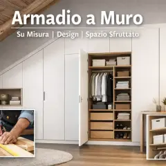 Armadio a muro fai da te, su misura, con interni ben organizzati e un inserto che mostra la lavorazione del legno.