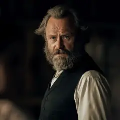 Mężczyzna z filmu Znachor, z siwą brodą i zmierzwionymi włosami, stoi w mrocznym wnętrzu. Gdzie jest młyn z filmu Znachor?