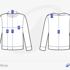 Schemat pokazuje, jak się mierzyć, aby dobrać idealną bluzę. Wymiary A, B, C, D, E, F, G, H pomogą Ci w tym.