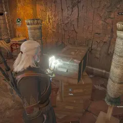 Geralt bada skrzynię, szukając zakłóceń w Wiedźmin 3. Potestyzator świeci, wskazując źródło problemu.