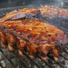 Côtes levées grillées, fumantes et caramélisées, parfaites pour une recette d'épices barbecue.