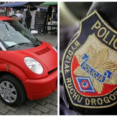 Czerwony samochód na dowód osobisty, obok naszywka Wydziału Ruchu Drogowego Policji.