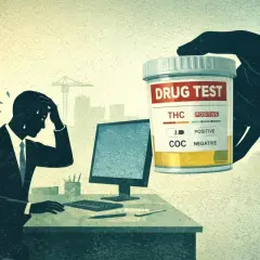 Un uomo preoccupato al computer, una mano offre un contenitore per il test per scoprire se tuo figlio si droga.