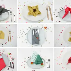 Neuf idées de pliage de serviettes pour un pliage de noël festif : sapins, Père Noël, chaussettes, et plus encore.