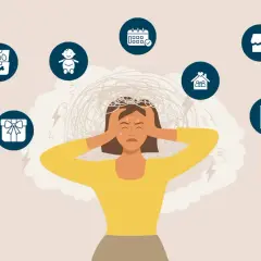 Überforderte Frau mit Händen am Kopf, umgeben von Symbolen für Haushalt, Kind, Kalender, Einkaufen, Geschenk und To-Do-Liste. Der **mental load** ist spürbar.